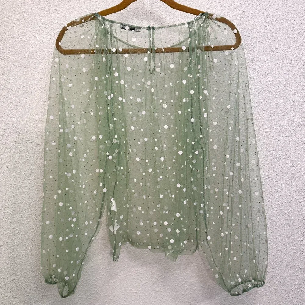 Zara Sheer Puff Sleeve Green with White Dot Pullover Blouse Women's Medium